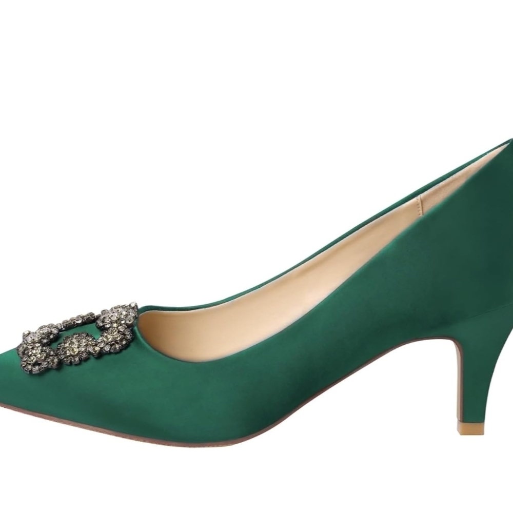 Elegant Green Satin Pumps with Embellished Detail